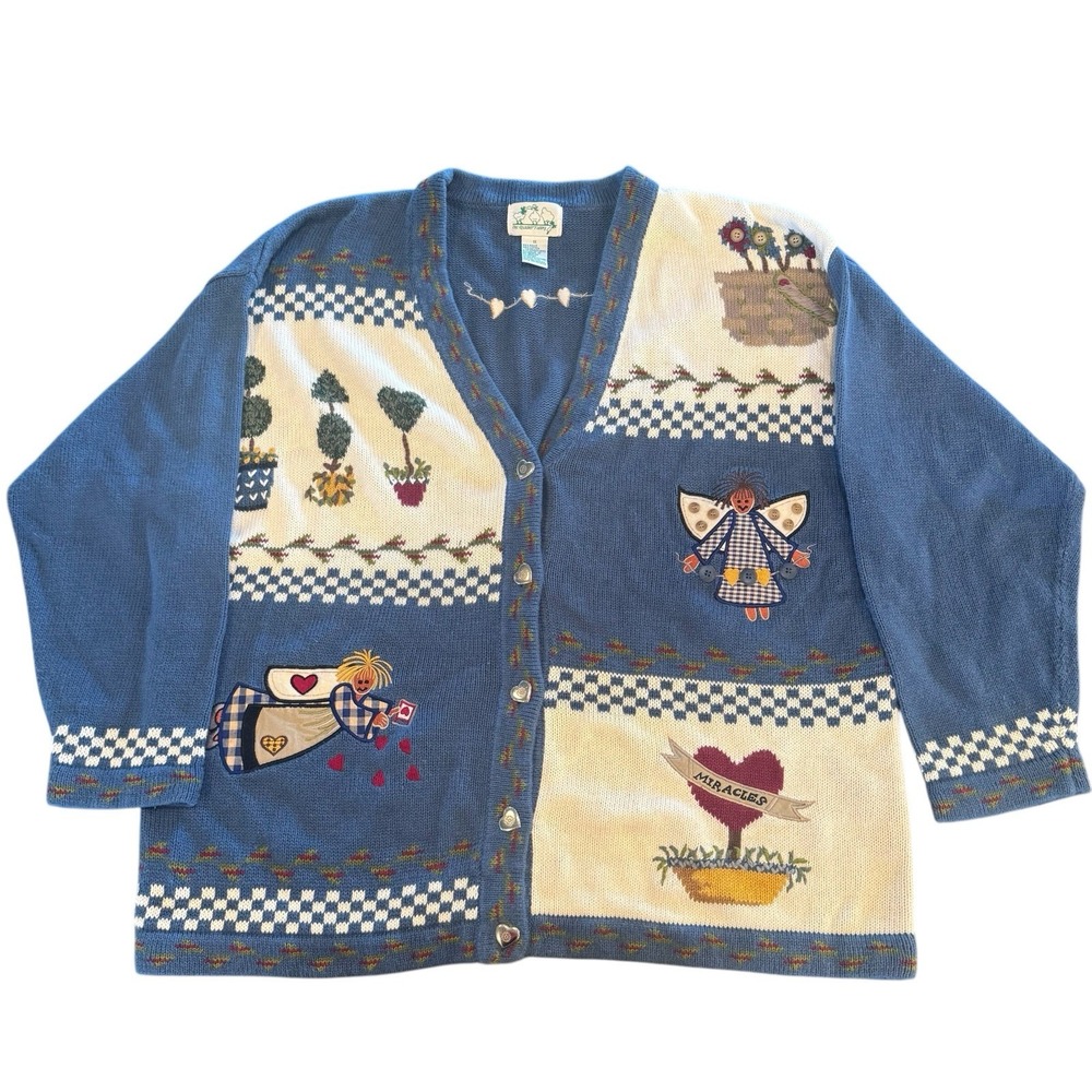 Quacker Factory Sweater Cardigan Woman's 1X Knit Angel Miracle Garden Heart‎
